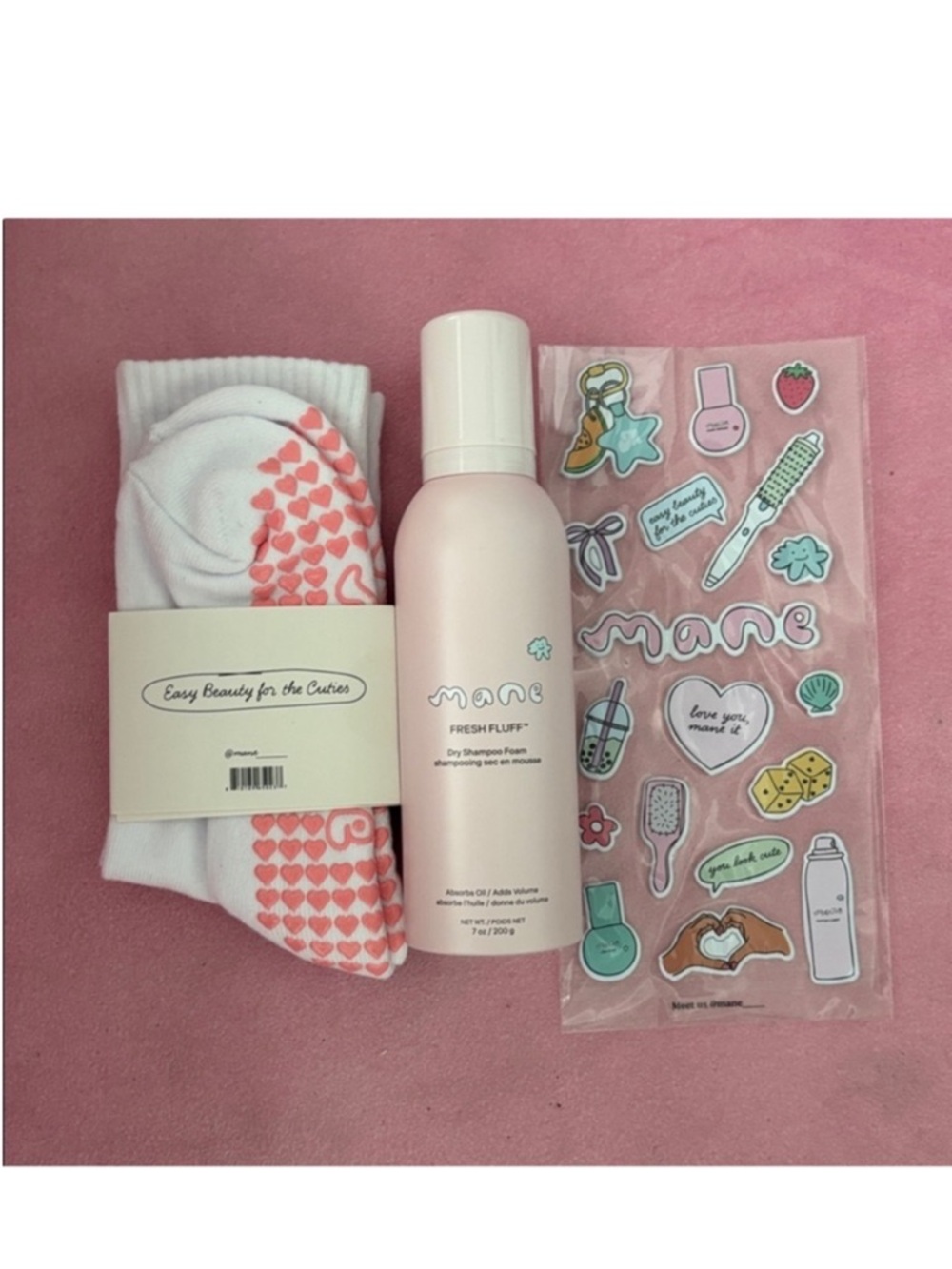 Mane by Jen Atkin trio Fresh Fluff dry shampoo foam, grip socks & stickers